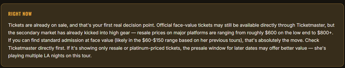 Tourly briefing Right now section highlighting the most urgent next step for an on-sale show